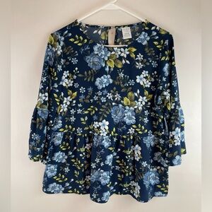 Time And Tru Blouse Women's Size XL Blue Green Floral Loose Fitting 3/4